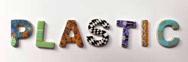 The word plastic spelled with colourful letters made from upcycled plastic